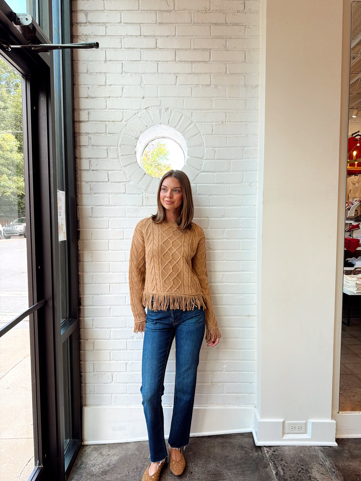 PHOEBE CABLED LS FRINGE SWEATER