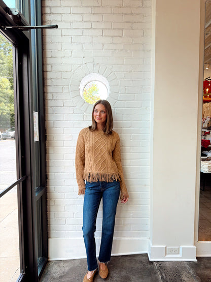 PHOEBE CABLED LS FRINGE SWEATER