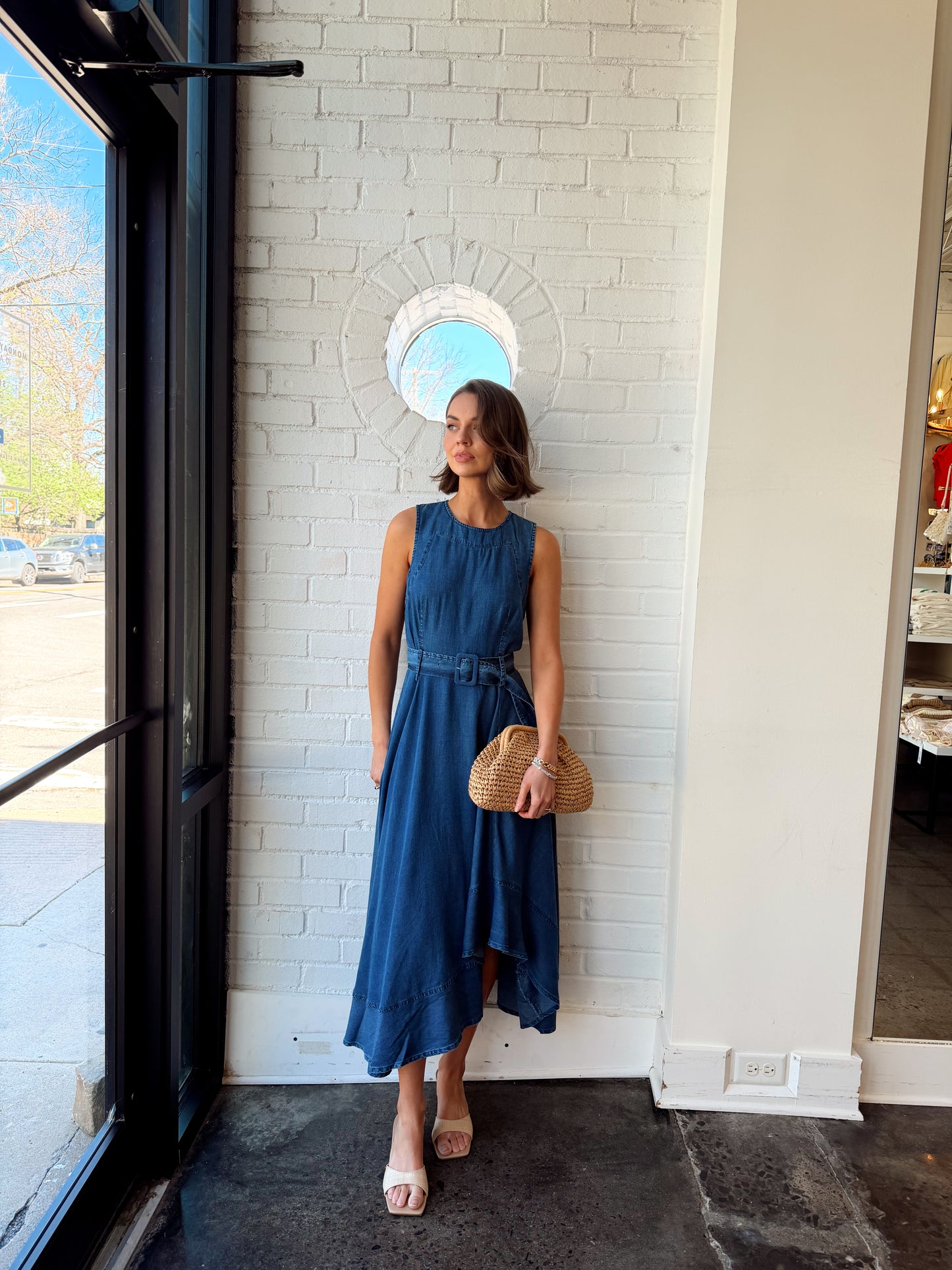 DENIM SLEEVELESS BELTED LONG DRESS