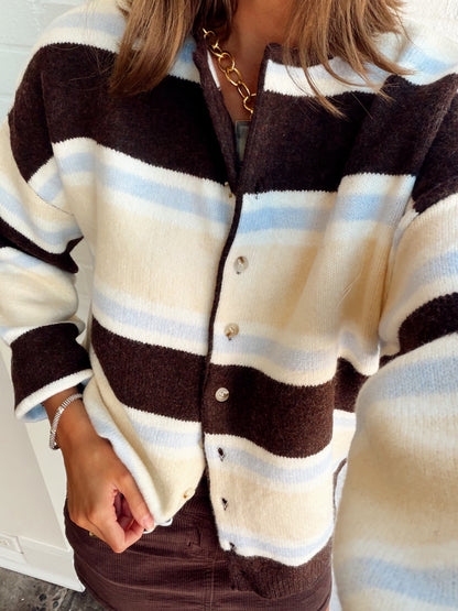 ROUND NECK STRIPED SOFT CARDIGAN
