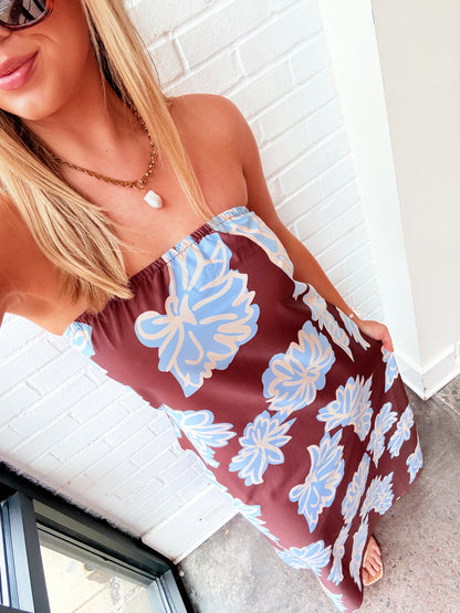 FLORAL PRINT STRAPLESS MAXI DRESS