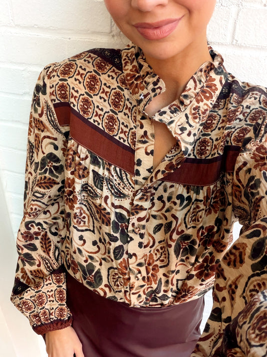 FRONT BUTTON CLOSURE RUFFLE NECK BLOUSE