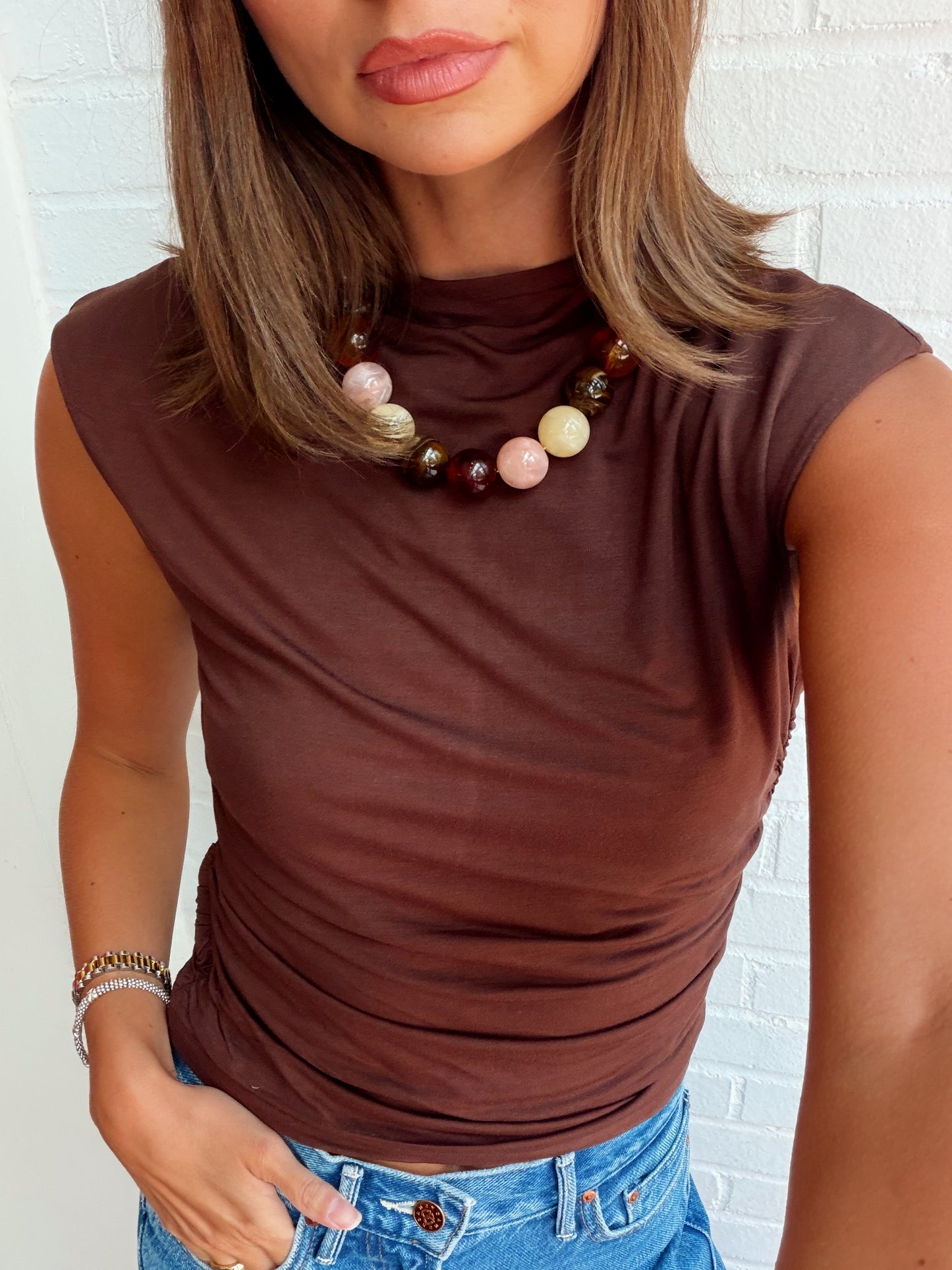MOCK NECK JERSEY TOP W/ RUCHING