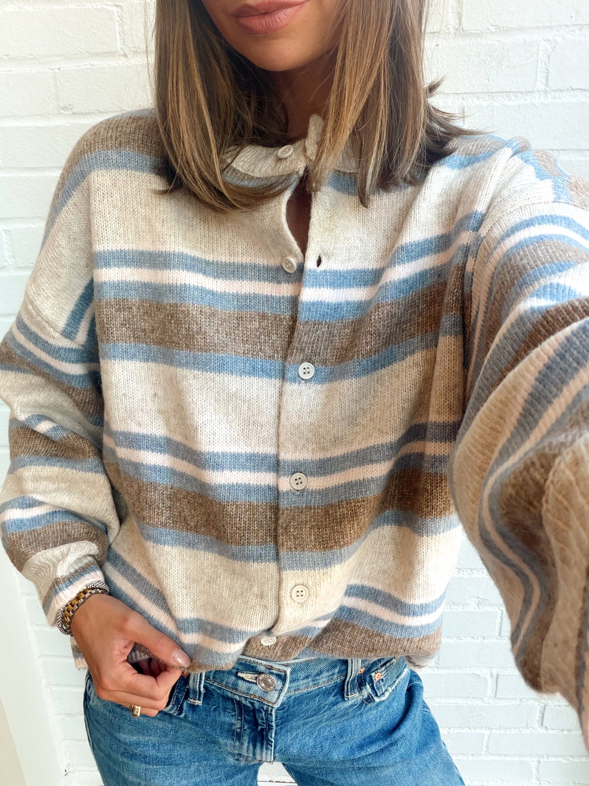 STRIPED CREW NECK BUTTON FRONT CARDIGAN
