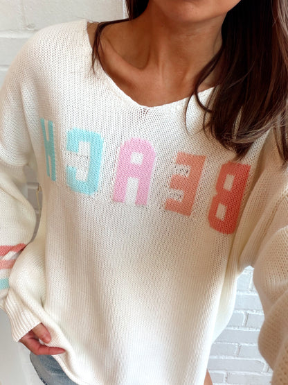 "BEACH" SWEATER W/ STRIPED SLEEVE