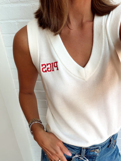 KNIT V-NECK PIGS EMBROIDERED