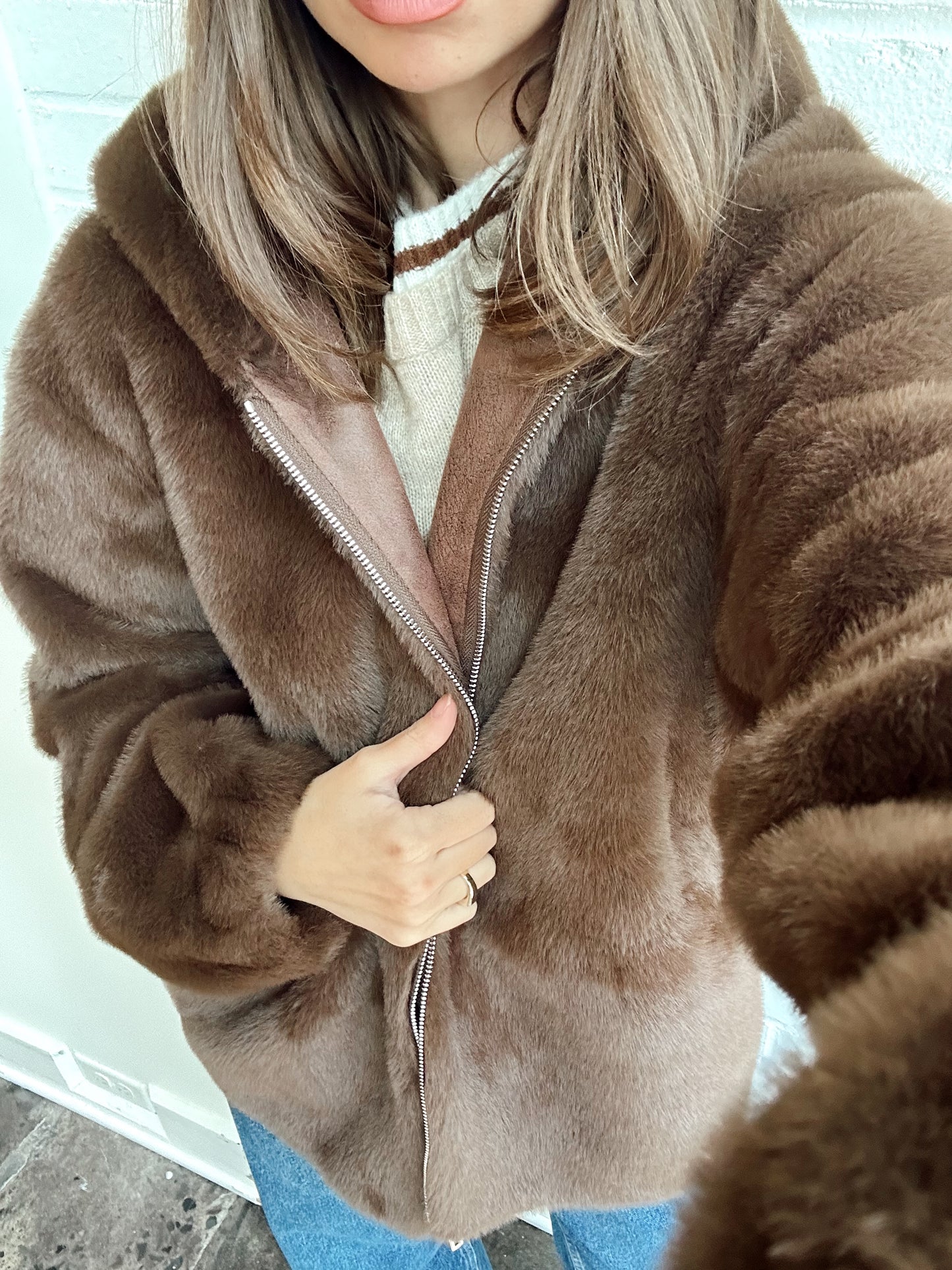 COFFEE FUR HOODED JACKET