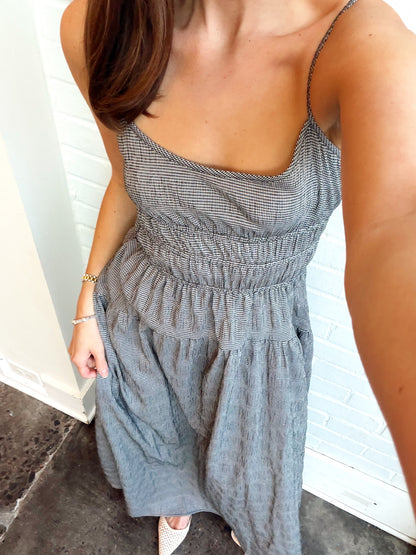 GINGHAM SEERSUCKER SMOCKED WAIST MAXI