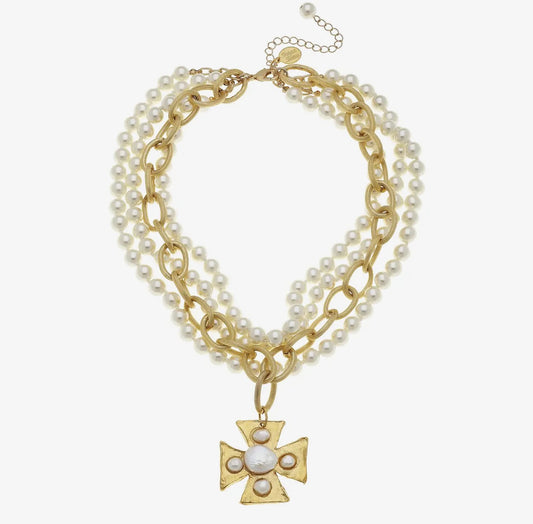 MULTI STRAND CROSS PEARL NECKLACE