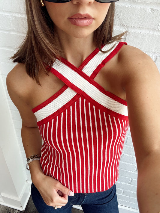 "X" HALTER NECKLINE STRIPE SWEATER TOP