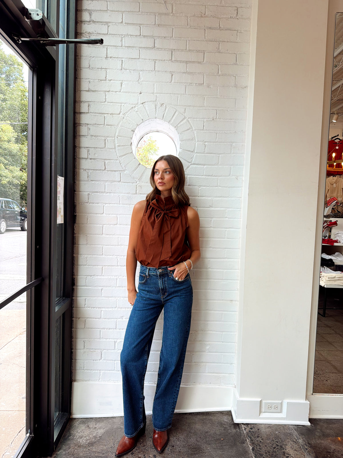 SLEEVELESS BUTTON UP W/ BOW