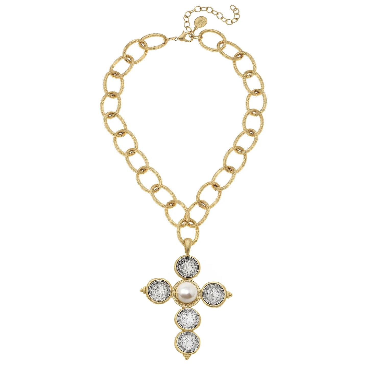 MIXED METAL COIN CROSS NECKLACE