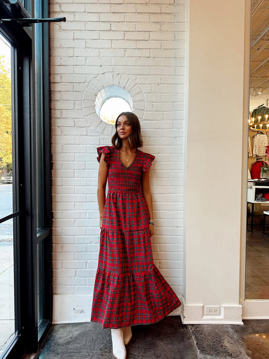 ARVADA PLAID SMOCKED BODICE MIDI DRESS