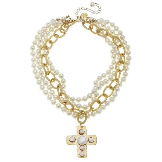 3-STRAND PEARL & CROSS NECKLACE
