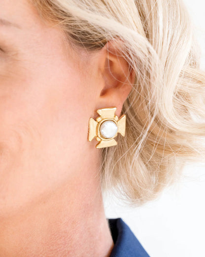 MALTESE CROSS PEARL STUDS