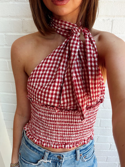 GINGHAM SMOCK WAIST HALTER TOP
