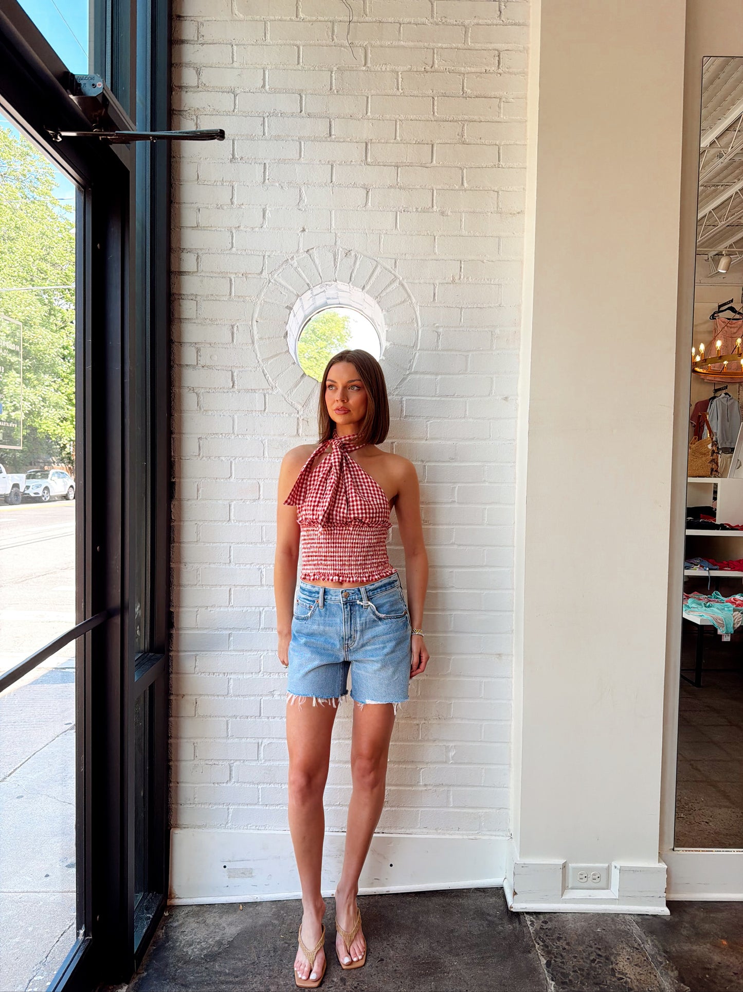 GINGHAM SMOCK WAIST HALTER TOP