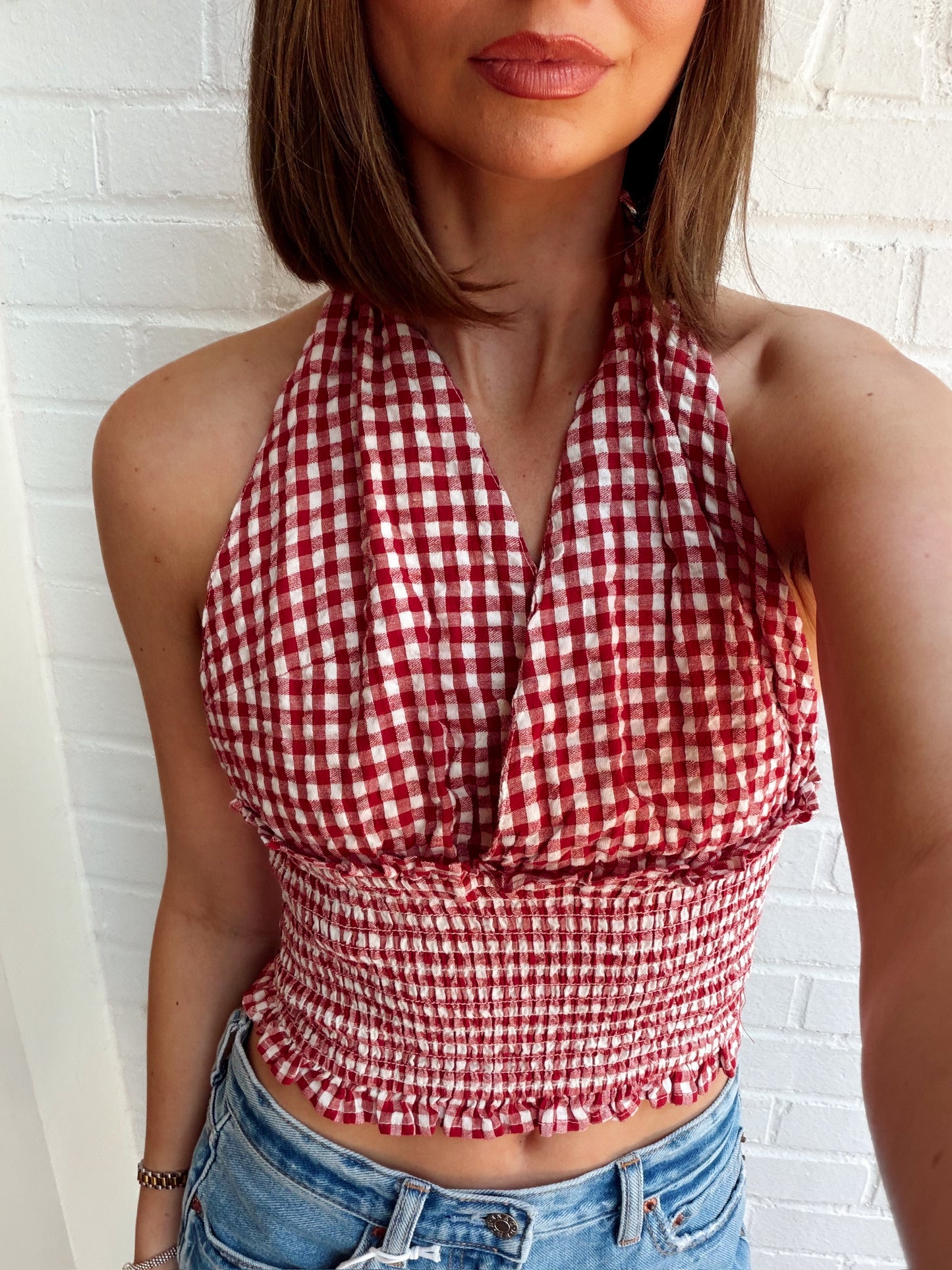 GINGHAM SMOCK WAIST HALTER TOP