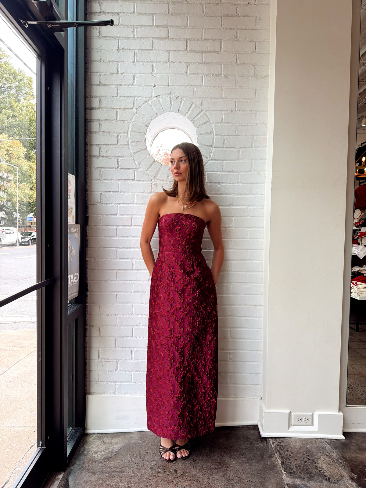 ANYA FLORAL JACQUARD STRAPLESS COLUMN DRESS